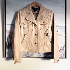 Vintage Tommy Hilfiger Leather Jacket Sz 8 Beige Military Button Down Pockets